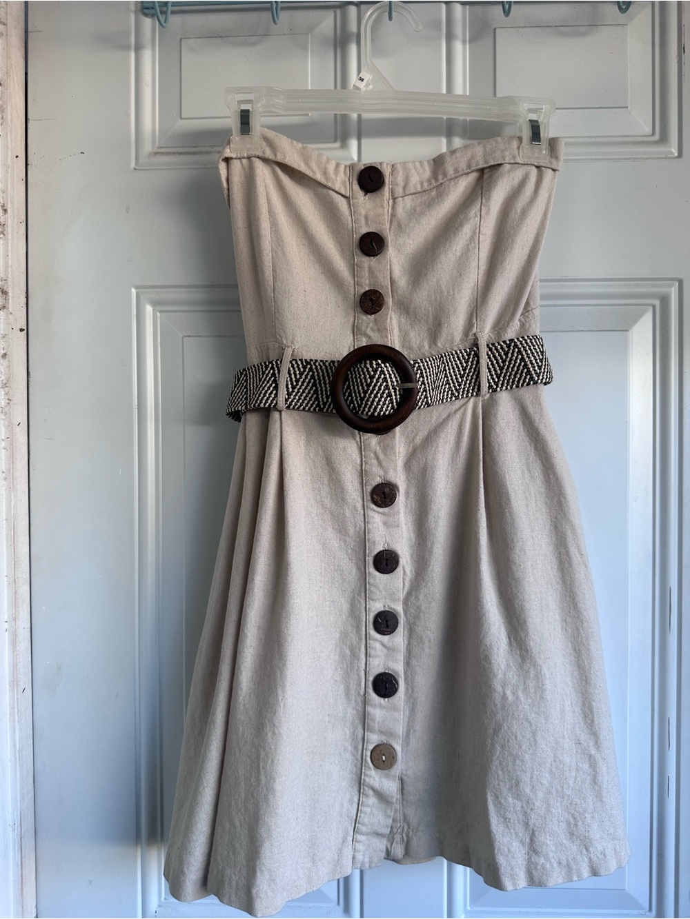 Strapless Cream Linen Button-Front Dress with Woven Belt